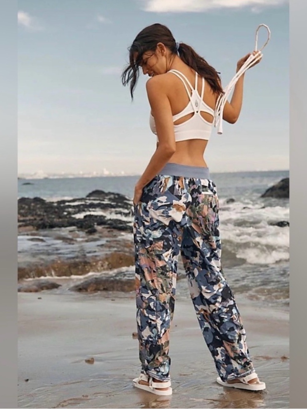 Free People Mesmerize Me Blue Multi Camo-Print Relaxed Track Pants